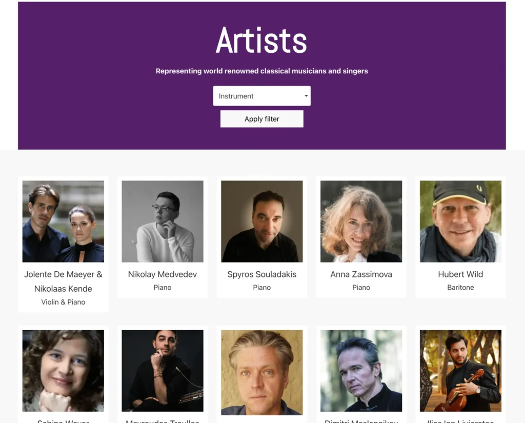 artists page with filter functionality